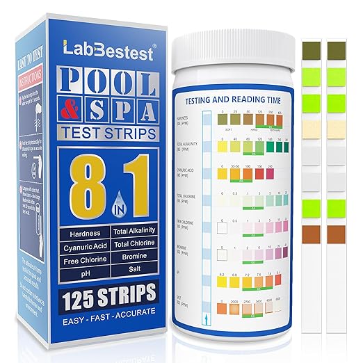Salt Pool Test Strips Salt Water Pool Testing Kit (8-Way) | 125 Spa Hot Tub Test Strips Saltwater Pool Test Kit - Rapid Accurate Easy to Test Hardness, Bromine, pH, Salt and More