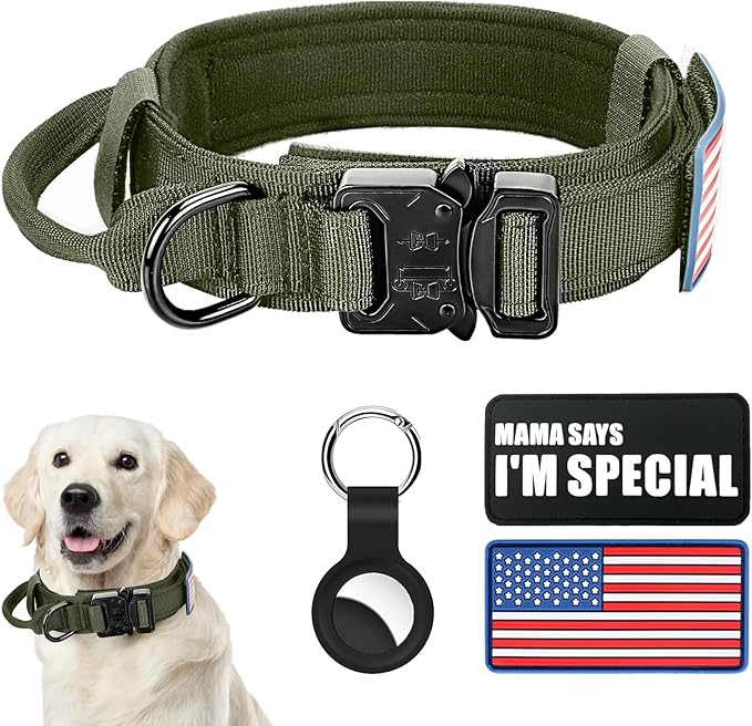 Celifelight Tactical Dog Collar, Adjustable Nylon, Heavy Duty Metal Buckle with Handle, Green, L