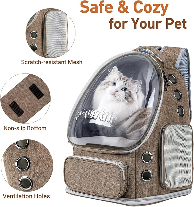 Pawstrip Cat Backpack Carrier with Large Space Bubble Window, Airline Approved Breathable Pet Carrier for Small Dogs Cats up to 15lbs, Foldable for Travel Hiking & Outdoor Use