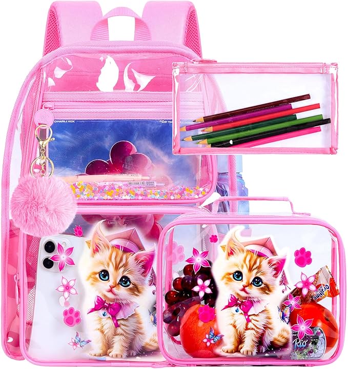Clear Backpack for Girls and Boys, Kids Transparent Bookbag, 3PCS Cute See Through School Bag for Elementary Prechool