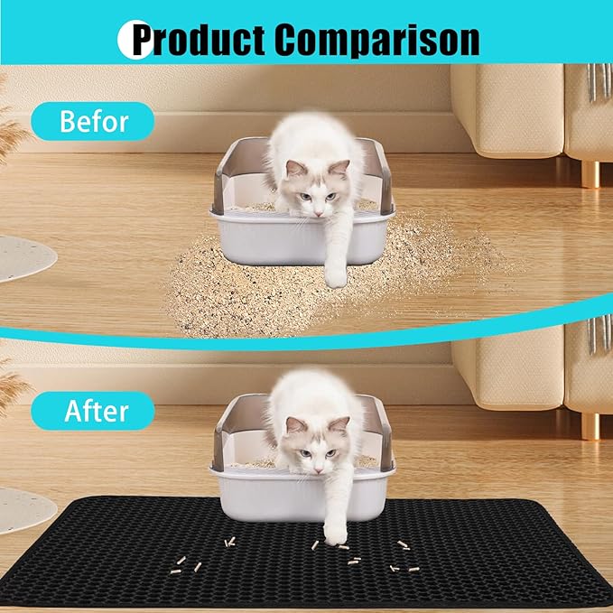 Cat Litter Mat, Kitty Litter Collector, Double Layered Honeycomb Design Waterproof, Anti Urine, Anti Slip, Easy to Clean, Limit Garbage (30"x24", Black)
