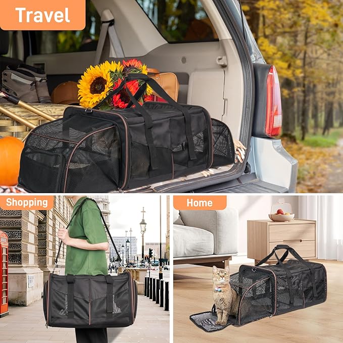 Large Cat Carrier for 2 Cats with 2 Litter Boxes, A.FATI Expandable Foldable Double Pet Carrier with Removable Divider, Breathable Mesh Oxford Cat Travel Crate for Car/Camping/Vet, Black