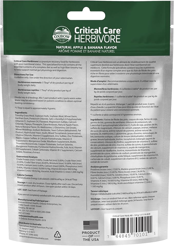 Oxbow Critical Care Herbivore, Emergency Guinea Pig Food, Rabbit Food for Recovery, Natural Apple Banana Flavor, Critical Care for Guinea Pig Emergency Kit, Made in USA, 141 Grams