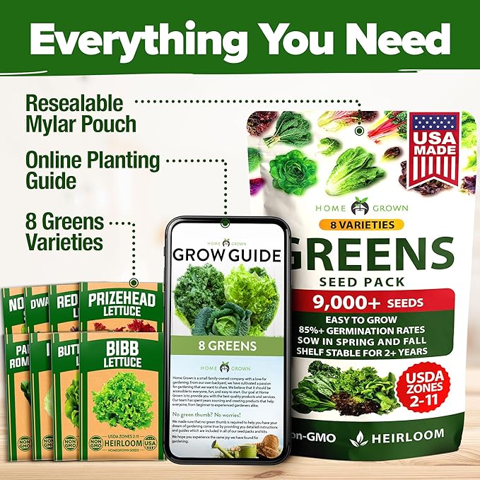 HOME GROWN Lettuce Seeds 8 Variety Mix 9000+ Bulk Pack Heirloom Non-GMO, High Germination, Romaine, Bibb, Buttercrunch, Leafy Greens,Indoor Outdoor Hydroponic Garden, Cut & Come Again (Lactuca sativa)
