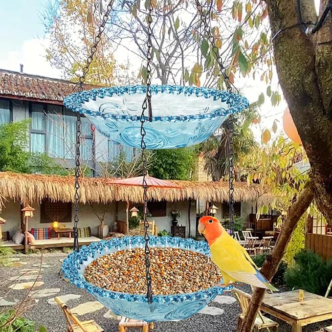 Bird Bath Hanging Seed Feeder Garden Plate Hanging Tray for Wild Backyard Attracting Birds (Blue-Doulbe Bath)