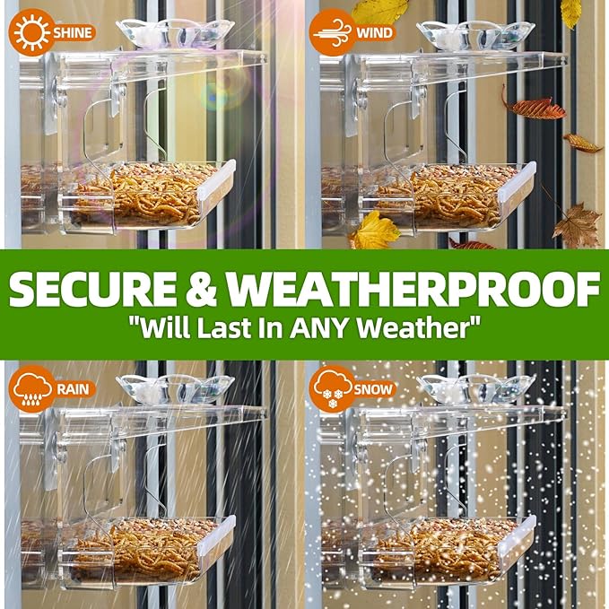 WENMIXER Window Bird Feeder with Non-Marking Self-Adhesive Hooks, Clear and Transparent, Outdoor Wild Bird Watching Gift, Garden Decor (Standard)