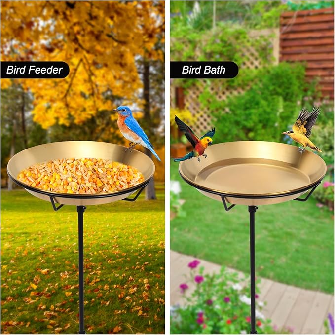 HRAYLTOP Standing Bird Bath Bird Feeder Bowl with 29.1 inch Iron Stand - Detachable Outdoor Decor for Garden Backyard Patio and Deck - Perfect for Attracting Birds