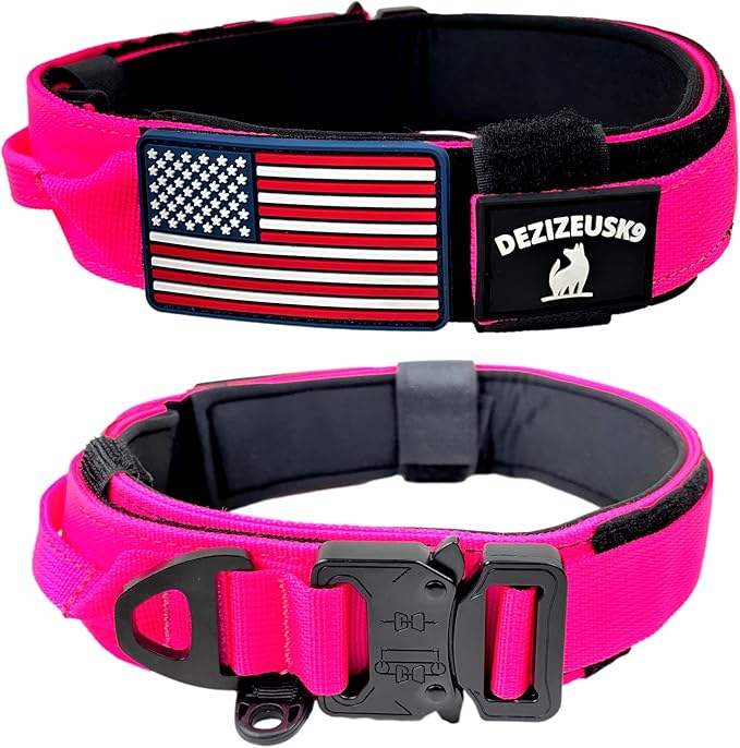 Tactical Dog Collar with Handle, American Flag Patch, 1.5 Inch Wide Thick Heavy Duty Nylon, Quick Release Metal Buckle, Customizable Name Plate, Ideal Dog Collars for Medium to Large Breeds K9 Harness