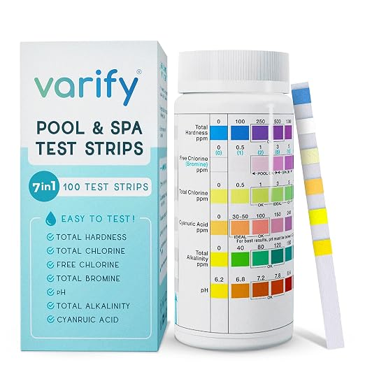 7 in 1 Pool and Spa Test Strips- Easy to Use Water Testing Kit for Pool, Spa, Hot Tub & More - Tester Strip for Water Hardness, Chlorine, Bromine, pH, Alkalinity and Cyanuric Acid (100 Strips)