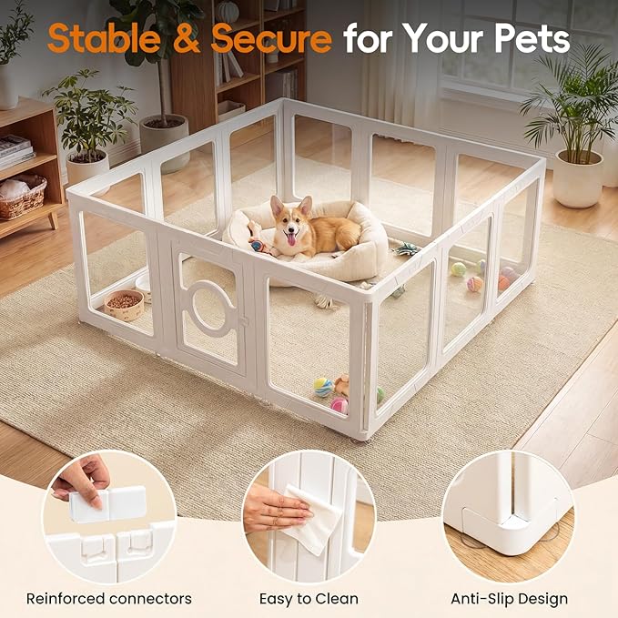 JEKO&JEKO Clear Acrylic Dog Playpen Indoor, Transparent Pet Play Pen for Puppies, Small Dogs, Cats & Rabbits, Easy Assemble Plastic Dog Fence, Easy to Clean (White, 8 Panels)