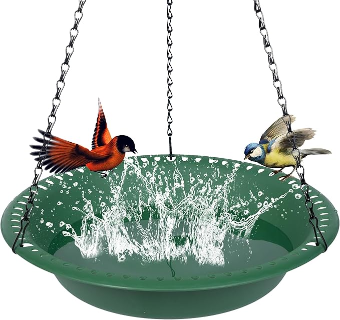 OVZILKI Bird Bath for Outside Heavy Duty, 12 inch Hanging BirdBath Bowl Only with Rust-Proof Chains, Hanging Bird Feeder for Outdoors Water Tray or Bird Seed for Garden Backyard Decor (Green 1 Pack)