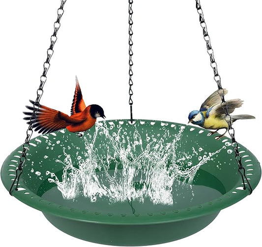OVZILKI Bird Baths for Outdoors Heavy Duty, 10 inch BirdBath Bowl Only with Rust-Proof Black Chains, Hanging Bird Bath Hanging Bird-Feeder for Garden Backyard Decor (Green 1 Pack)