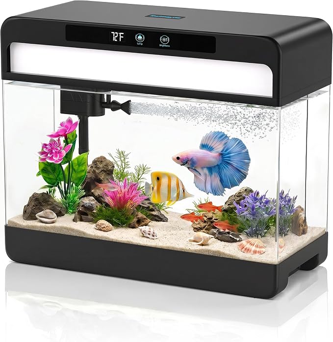 3 Gallon Fish Tank Starter Kit, Small Aquarium for Betta, Black | 3-in-1 Silent Water Filter with Filtration Circulation Oxygenation Temperature Display 7 Colors LED Lights, Artificial Plant