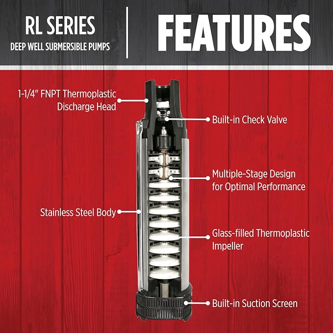 Red Lion RL12G10-2W2V Submersible Well Pump, 1 HP, 2-Wire, 230V, 12 GPM