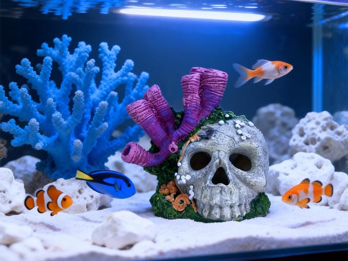 Skull Aquarium Hideout with Coral – Betta Fish Tank Decorations, Shrimp Cave & Small Fish Hideaway, Resin Underwater Skull Decor for Freshwater Aquarium