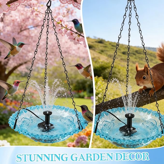 warmow Hanging Bird Bath Fountain, Outdoor Water Fountain, Hanging Bird Bath with Water for Outdoors Garden Patio Backyard Lawn Decor (USB-Powered Single-Layer, Blue)