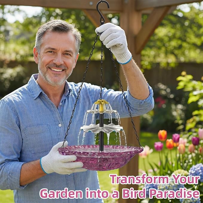Solar Fountain for Bird Bath, Hanging Cascade Water Feature for Outdoor Garden & Yard Decor, Creates a Relaxing Flow that Attracts Birds (Purple(XL))