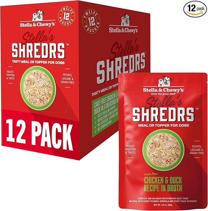 Stella & Chewy's Cage Free Chicken & Duck Shredrs - Premium Dog Food Pouches - Perfect for Picky Eaters- 12 Pack, 2.8oz Each