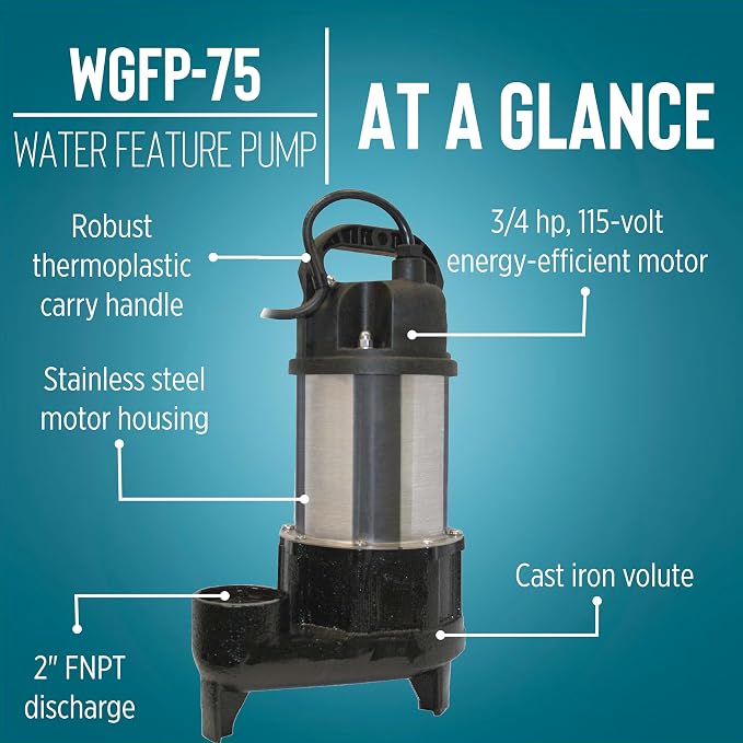 Little Giant WGFP-75, 115V, 3/4 HP, 4890 GPH Water Feature Pump, 19' cord | Stainless steel and cast iron body for powering water features, fountains, and pond filtration systems, 566069
