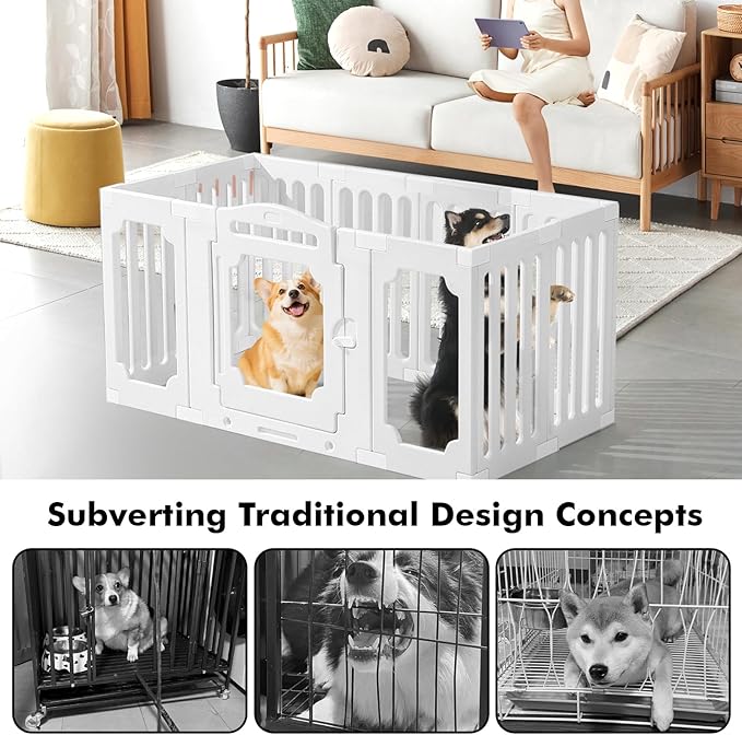 Ancaixin Modern Clear Acrylic Dog PlayPen for Indoors, 25.5Inch Tall & 11-Panel Metal-Free Puppy Playpen for Small and Medium Dogs, Tool-Free Assembly, Easy Assemble Pet Fence with Door Lock (White)