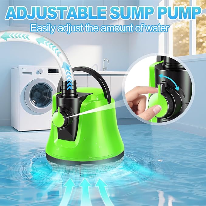 Sump Pump Submersible, Water Pump with Adjustable Flow, Pool Cover Pump Above Ground, Electric Portable Water Removal Pump, Water Pump for Pool Draining with 10ft Hose, 4 Adapters, 950GPH