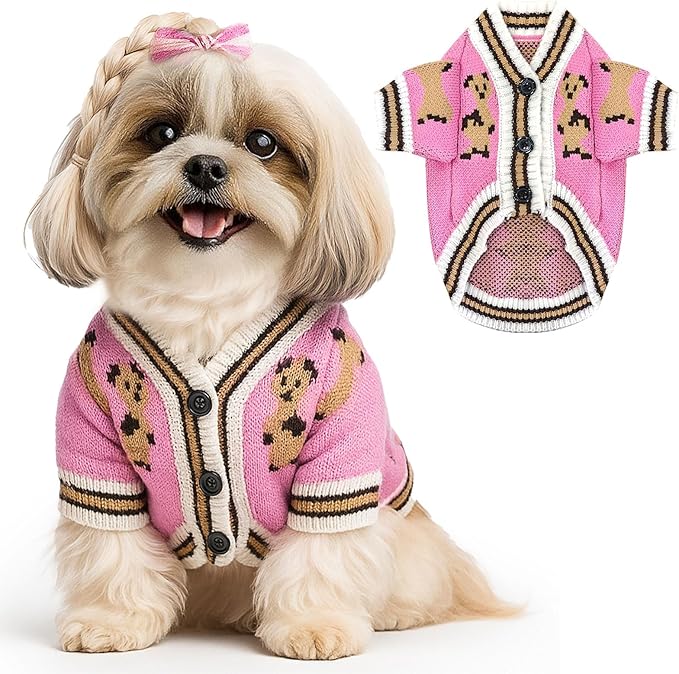 ABRRLO Small Dog Sweaters Cute Bear Dog Cardigans Clothes for Small Medium Dogs Boy Girl Puppy Cat Knitting Cardigan Outfits Dogs Winter Coats Warm Pet Doggy Clothes Soft Knitwear (Pink, X-Large)
