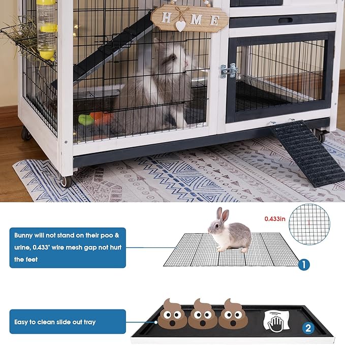 FunXplore 2-Tier Rabbit Cage & Bunny Hutch Indoor Outdoor, 4 Metal Wheels, Chew-Resistant Aluminum-Edged Frames & Ramps, Leak-Proof Trays, Easy Assembly, Spacious for Rabbits & Small Animals