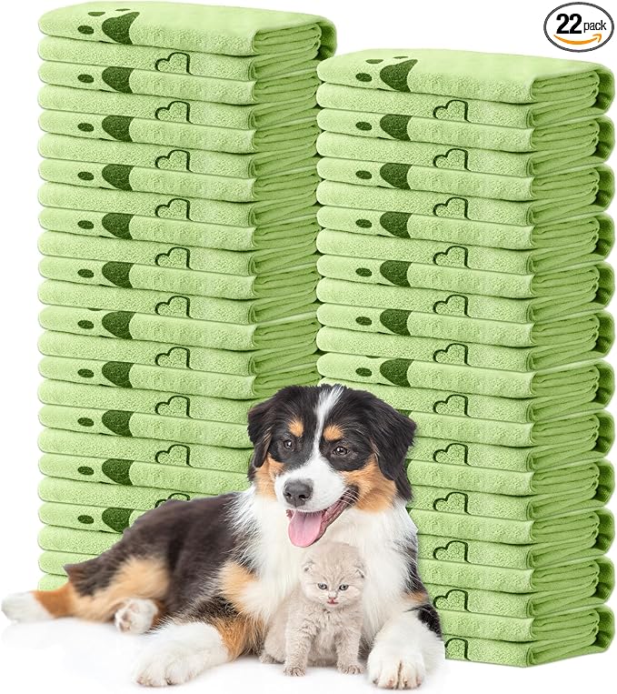 Tatuo 22 Pcs Dog Towels for Drying 20 x 40 Inch Pet Bath Towels Absorbent Microfiber Towel Quick Drying Puppy Bathing Supplies for Small Medium Large Dog Puppy Cat(Green,Bone Pattern)