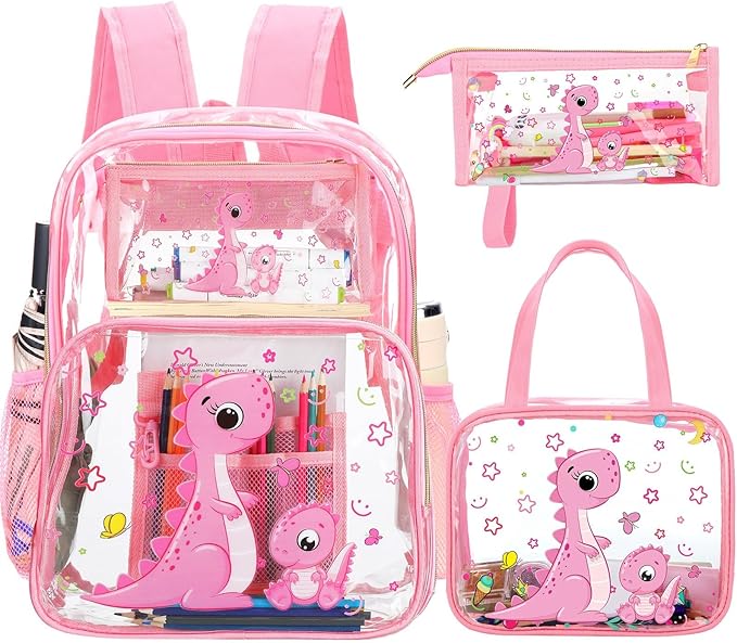 Kacctyen 3 Pcs Clear Backpack Heavy Duty Clear Stadium Bag Transparent Backpack with Lunch Bag(Pink,Dinosaur)