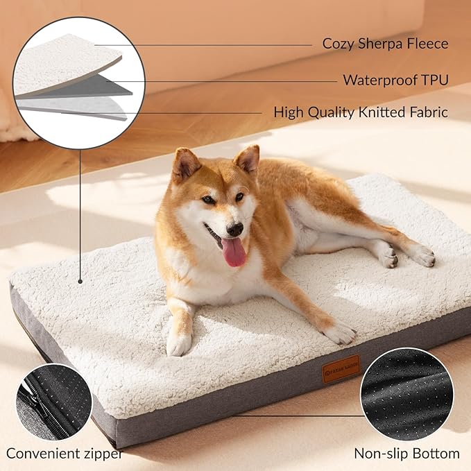 Patas Lague Orthopedic XL Dog Bed Large Sized Dog 42''X28'', Soft Waterproof Egg Crate Foam Large Pet Crate Beds Mat with Removable Washable Cover and Non-Slip Bottom, Ivory