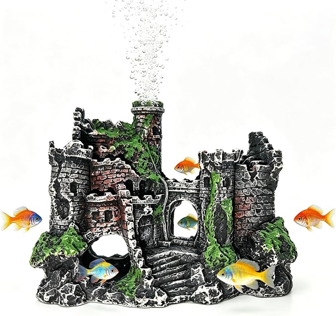 Aquarium Castle Bubbler Decorations, Resin Fish Tank Accessories with Air Bubbler, Fish Tank Cave Hideout for Betta & Small Fish, Aquarium Decor with Air Holes,(Air Pump is Not Include)