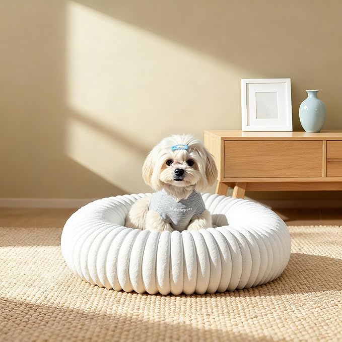 Calming Dog Bed Anti-Anxiety Donut Dog Beds for Small Medium Large Dogs,Washable Plush Fluffy Indoor Cat Kitten Round Cuddler Cushion (Cream, Small)