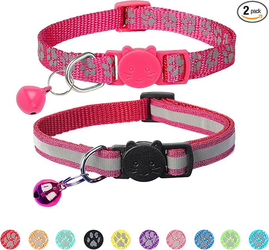 BANMODER 2 Pack Reflective Cat Collar Breakaway with Bell,Personalized Kitten Collars,Adjustable Safety Buckle Collar for Male Cats Girls & Boys (Hot Pink)