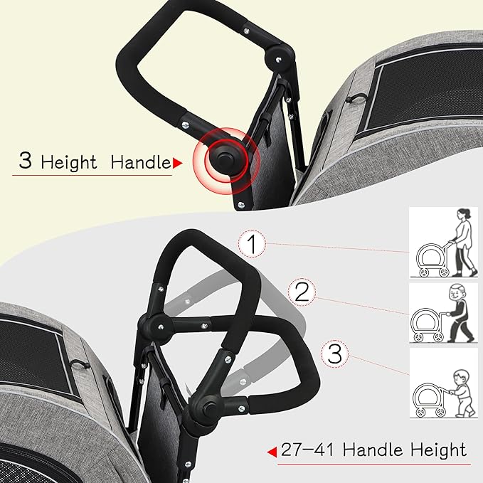 Saudism Pet Stroller for Dogs Cats up to 50 lbs, Foldable Dog Stroller with 360° Swivel Wheels, Detachable Carrier, Adjustable Handle, Travel Dog Stroller for Small Medium Large Pets, Gray