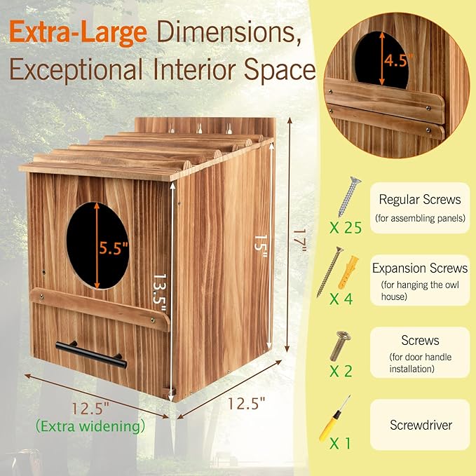Large Owl House for Outdoors, 17" x 12.5" x 12.5" Premiun Wooden Owl Boxes for Outside, Bird Nesting Box - Habitats for Barn, Screech, Boreal, Saw - Whet & Elf Owls