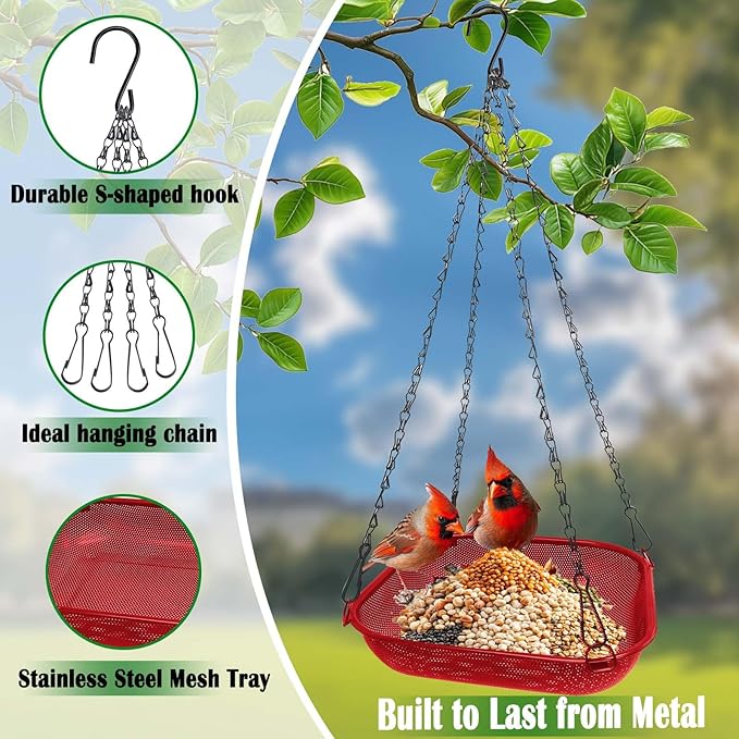 Hanging Bird Feeder for Outdoors – 11 in Square Metal Mesh Bird Feeder Tray Platform for Wild Birds, Red