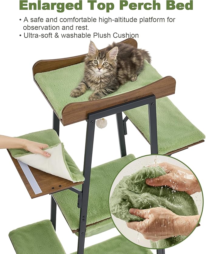 74-Inch Modern Cat Tree Tower for Large Cats, Multi-Level Cat Tower with Scratching Board, Large Perch, Hammock, Removable Pads, Green