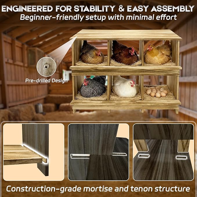 6 Holes Gold Standard Chicken Nesting Box for Laying Eggs, Two-Tier Wooden Nesting Boxes for Chickens, Farmhouse Series Laying Box for Hens, Ducks and Birds