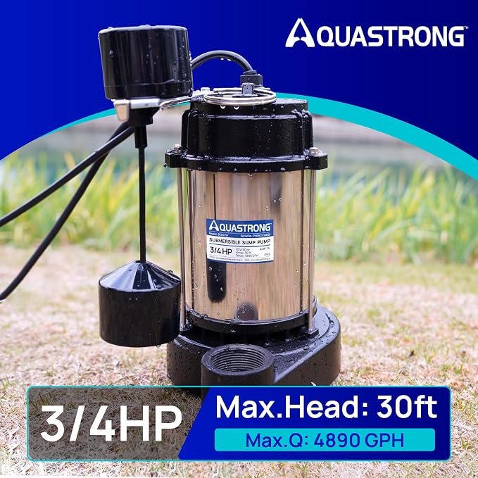 AQUASTRONG 3/4HP Sump Pump, 4890 GPH Submersible Pump, 1-1/2" NPT Discharge | Stainless Steel and Cast Iron Sump Pump, Automatic Integrated Vertical Float Switch with Piggy-back Plug for Basement