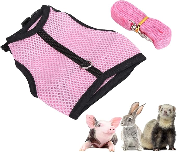 Pet Pink Mesh Traction Harness Chest Back with Leash for Rabbit Guinea Pig Pet Supply(L-Pink)
