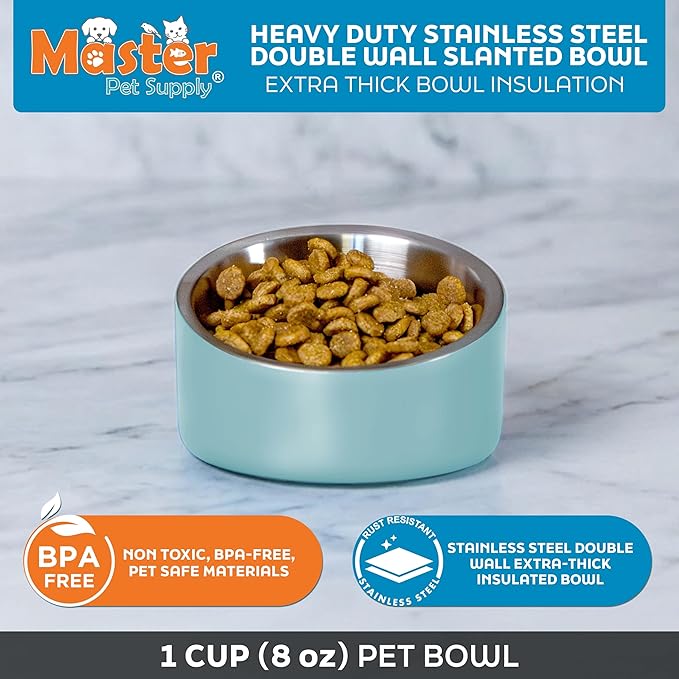 Master Pet Supply Stainless Steel Slanted Dog Cat Food Bowl - 8 oz Heavy Duty - Aqua Sky, Double Wall Insulated, Non-Slip Elevated Bowl for French Bulldogs Pugs Cats, Anti Rust Dishwasher Safe