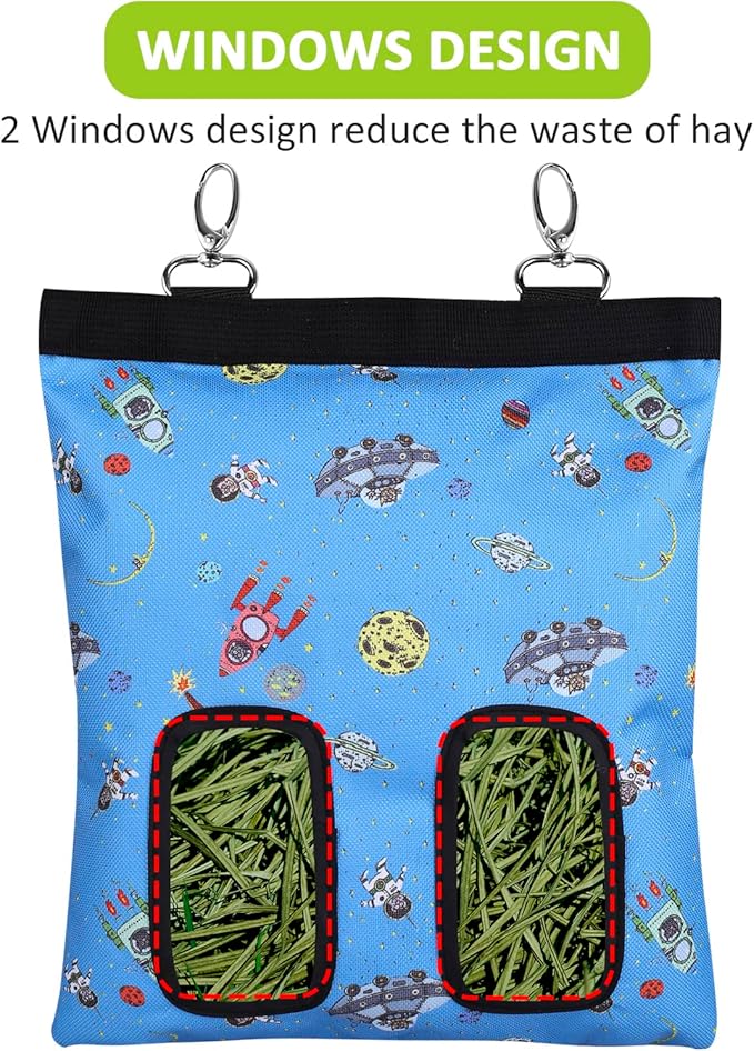 Rabbit Hay Feeder Bag Guinea Pigs Hanging Hay Rack Manger Holder Dispenser Small Animal Feeder Storage Pouch for Bunny Chinchilla Hamster (Pattern Blue, 2 Windows)