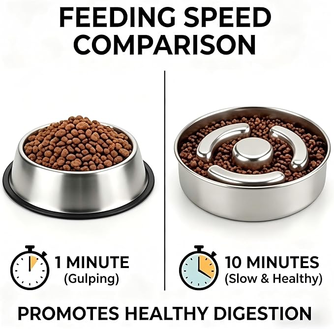 AIPERRO Slow Feeder Dog Bowl Stainless Steel, 2 Cups Metal Non-Slip Dog Food Bowls, Dogs Water Bowl for Small & Medium Sized Dogs, Fun Bloat Stop Pet Bowl for Fast Eaters, Slows Down Pets Eating