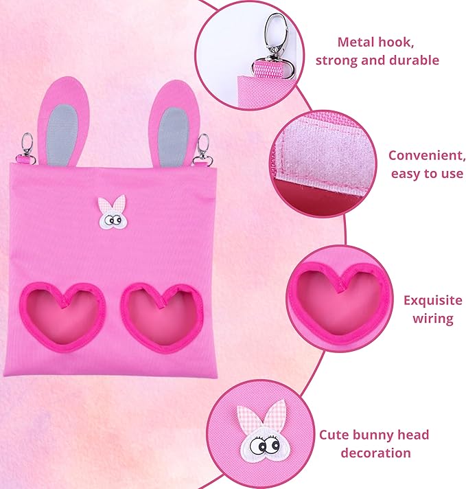 Hanging Rabbit Hay Feeder Bag with Chew Toys Set, Guinea Pig Hay Feeder, Bunny Feeders Holder Storage for Small Pets Bunnies Chinchilla Guinea Pigs Hamster Rats (Pink)