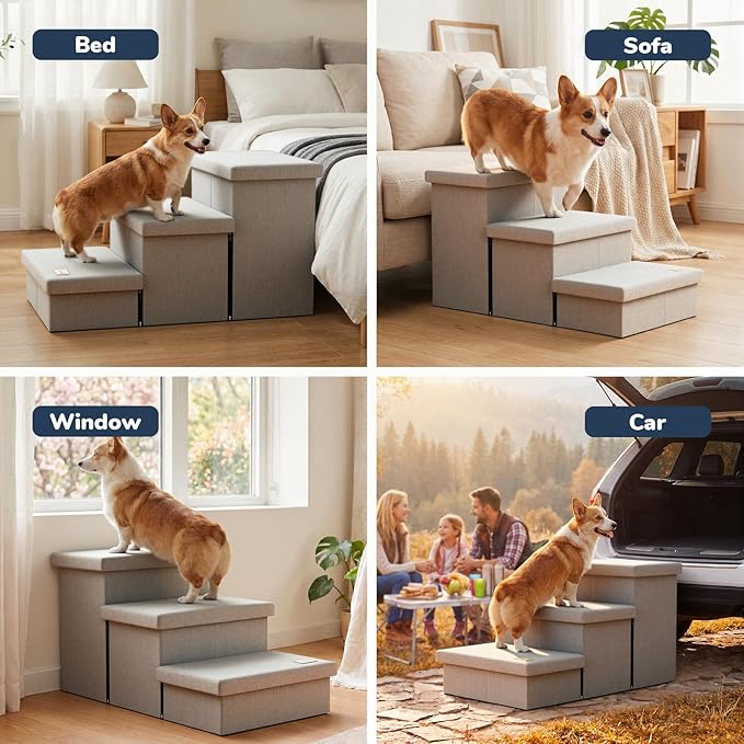 3-Step Wide Dog Stairs with Hidden Storage 18" H, Non-Slip Dog Steps for High Bed Couch Window Car, Jiont-Friendly Pet Stairs Ramp for Small/Medium/Large Old Dogs Cats Up to 200lbs, Grey