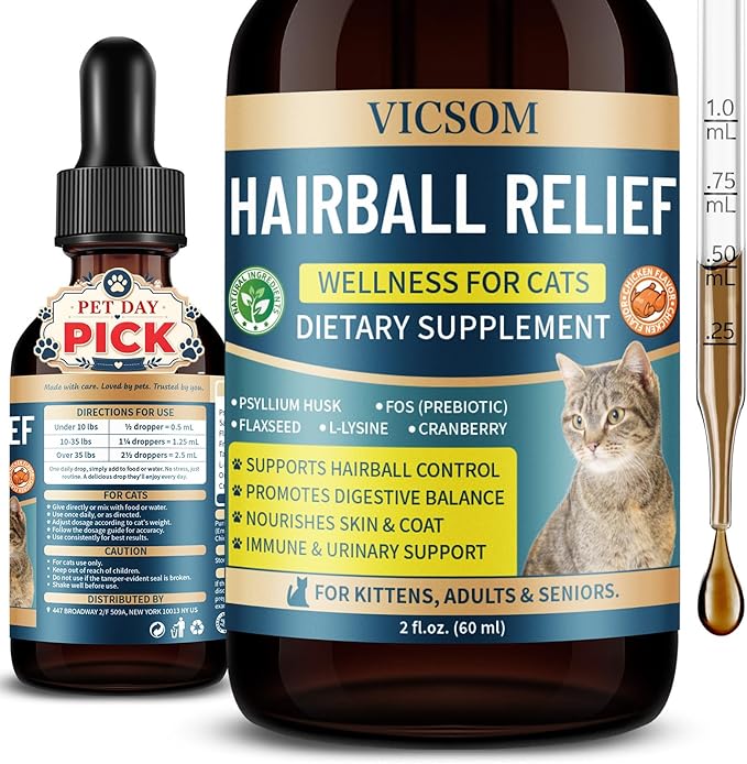 VICSOM Hairball Treatment for Cats, Cat Hairball Remedy for Cats Natural Eliminate and Prevent Hairball, Furball Control, Skin & Coat Care, Digestive Immune & Urinary Support, 60ml with Psyllium Husk