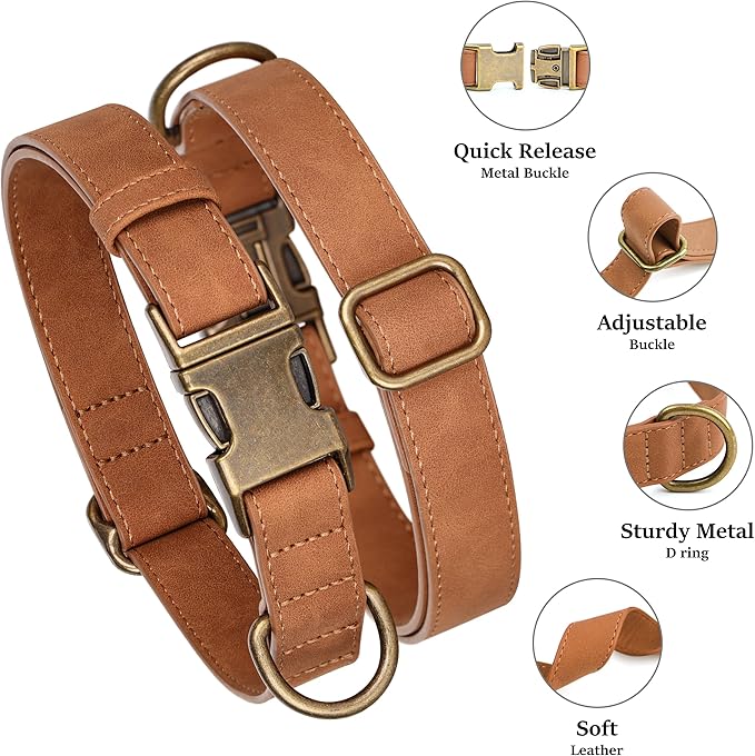 Didog Soft PU Leather Dog Collar, Stylish Quick Released Dog Collars for Large Dogs, Easy Clean Adjustable Pet Collar for Daily Walking, Light Brown, XL Fit 20-26" Neck