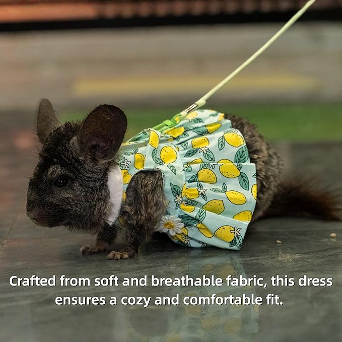 SMOLKITH Rabbit Clothes - Bunny Adjustable Summer Lemon Print Dress with Leash, Small Animal Apparel for Walking - Fits Meerkats, Chinchillas, Guinea Pigs, Marmots and More