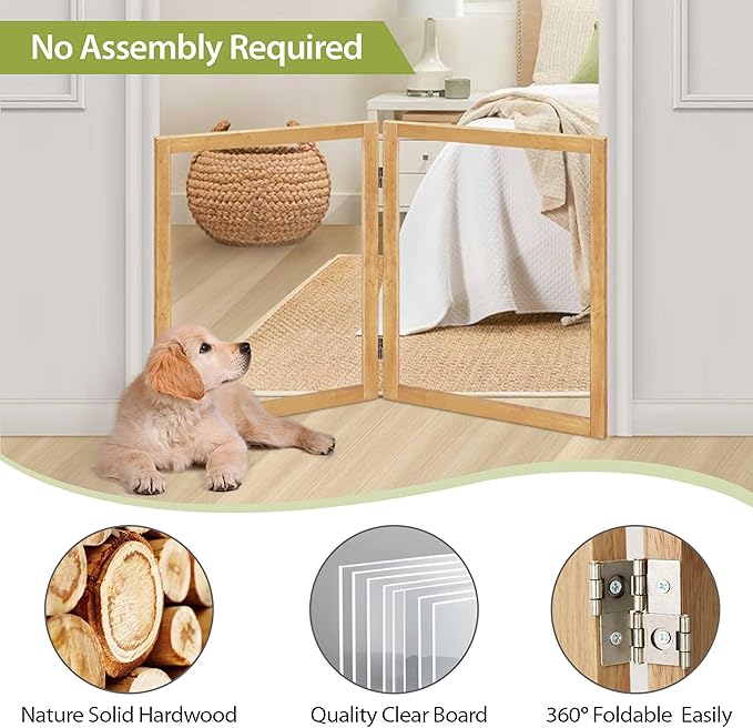 LZRS Clear Dog Gate for Indoor Use - Transparent Pet Fence with Solid Hardwood and Plastic Board, Stylish & Durable freestanding Pet Gate for Doorways, Stairs and Hallways-2 Panel Natural