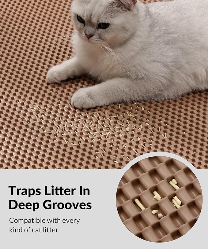 Cooyes Cat Litter Mat - Cut to Fit Any Place, 35"x23" Large Litter Trapping Mat for Litter Box, Easy to Clean, Waterproof & Non-Slip Kitty Pad, Scatter Control to Protect the Floor (Khaki)